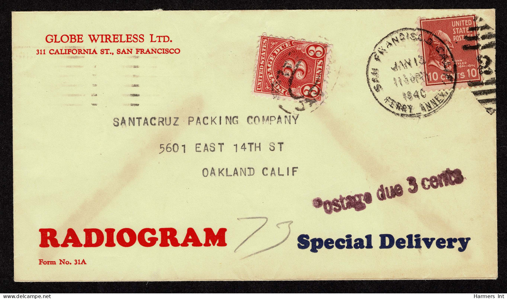 Lot # 171 Special Delivery Postage Due: 1940 Envelope Bearing 1938, 10¢ Tyler Brown Red And A 1931, 3¢ Dull Carmine, Wet - Covers & Documents