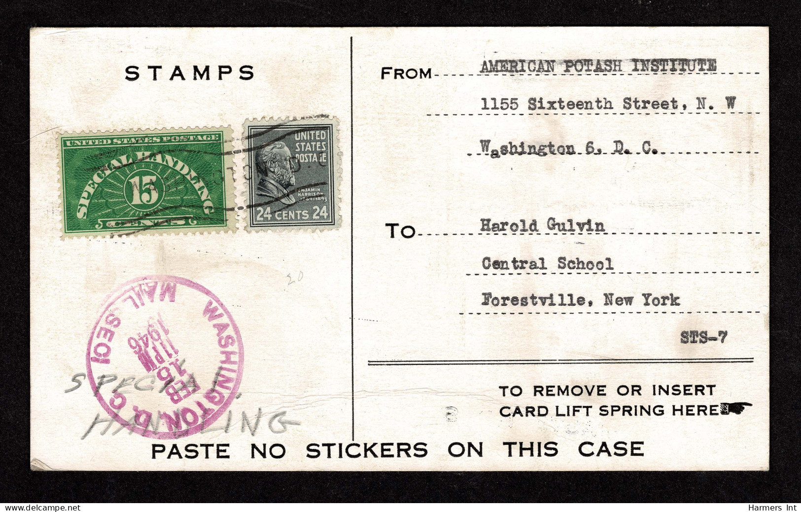 Lot # 173 Special Handling: 1946 Envelope Bearing 1938, 24¢ Benjamin Harrison Grey Black Special Handling And 1928, 15¢  - Lettres & Documents