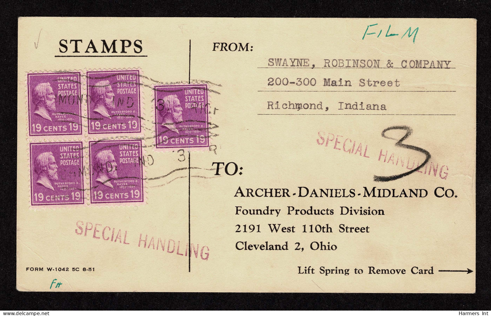 Lot # 174 Special Handling: 1938, 19¢ Hayes Mauve BLOCK OF FOUR And Single - Briefe U. Dokumente