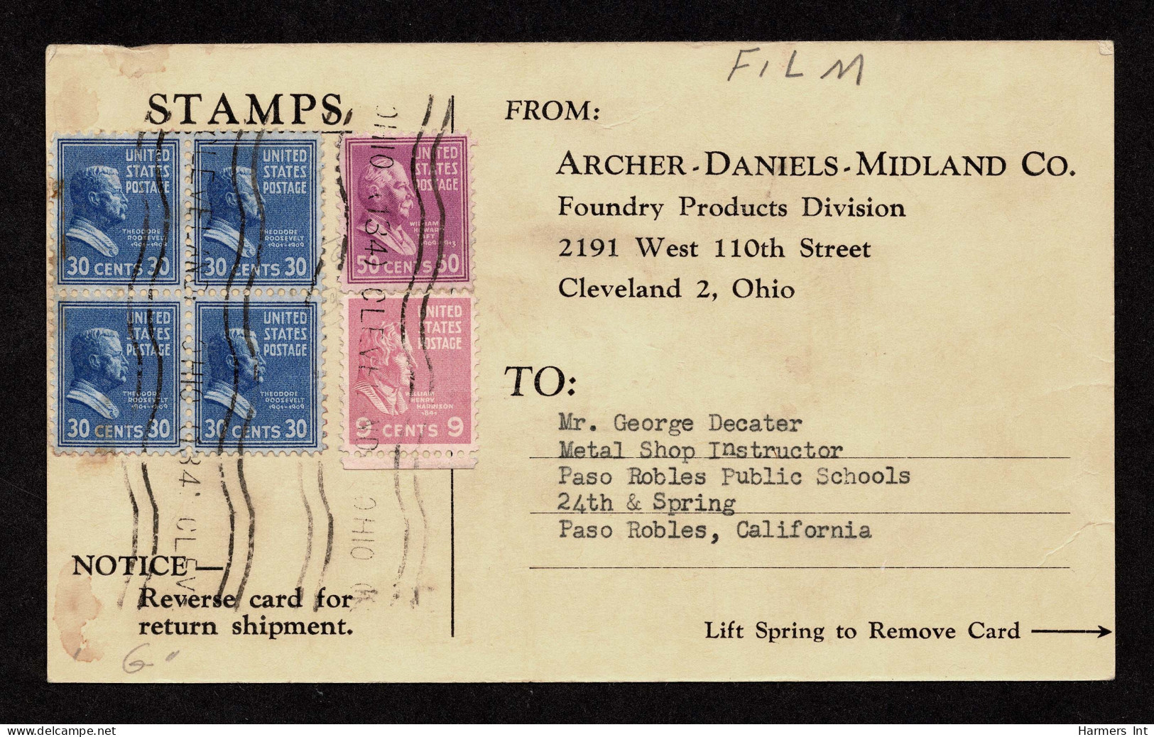 Lot # 175 Special Delivery: 1951 Card Bearing 1938, 50¢ Taft Mauve, 30¢ Theodore Roosevelt Deep Ultra Marine BLOCK OF FO - Covers & Documents