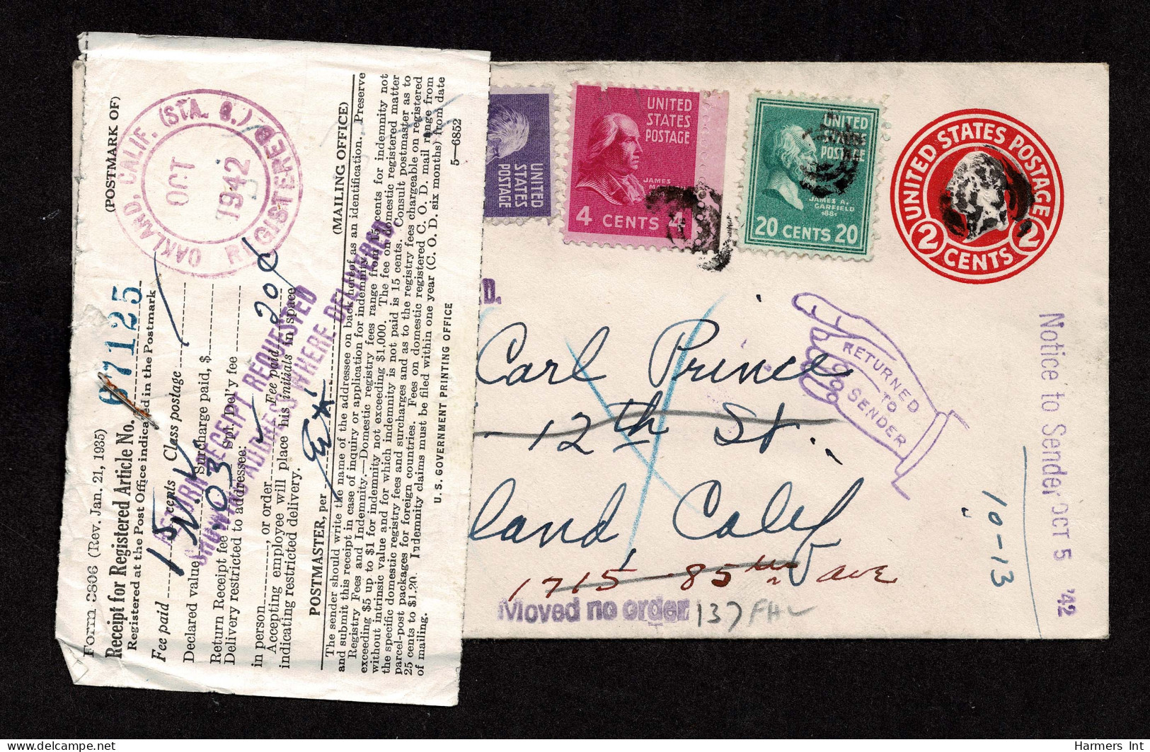 Lot # 180 Restricted Delivery: 1938, 20¢ Garfield Bright Blue Green, 4¢ Madison Bright Rose Purple And 3¢ Jefferson Ligh - Lettres & Documents