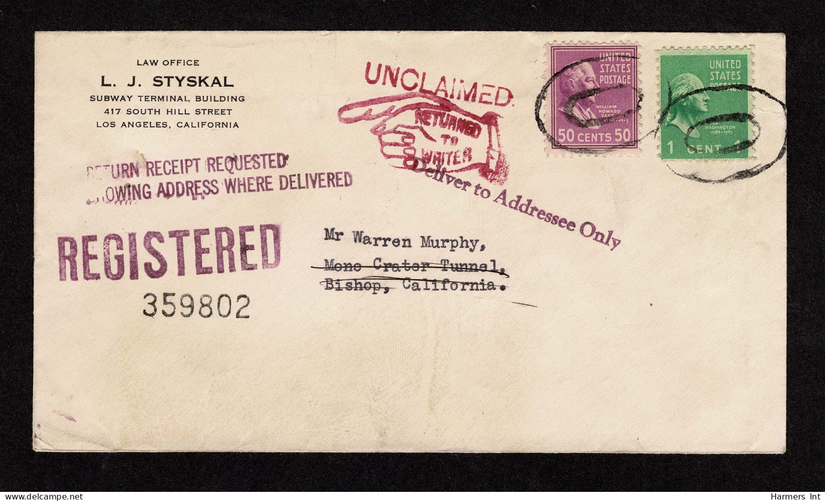 Lot # 181 Restricted Delivery Service: 1938, 50¢ Taft Mauve And 1¢ Washington Green - Cartas & Documentos