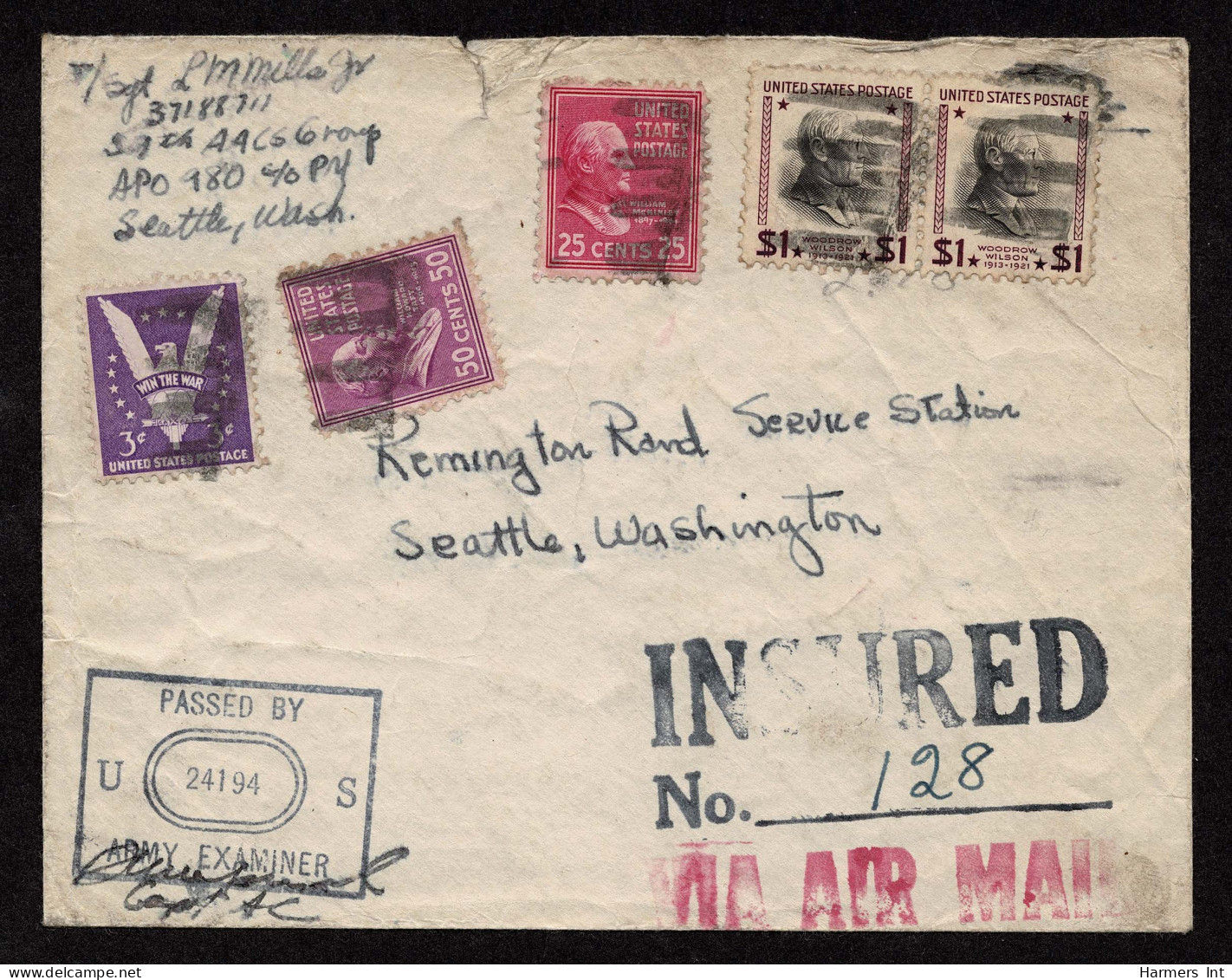 Lot # 184 Insured Air Mail Rate: 1938, $1 Wilson Purple And Black (Two Copies) 1938, 50¢ Taft 1938, 25¢ McKinley 1942, 3 - Cartas & Documentos