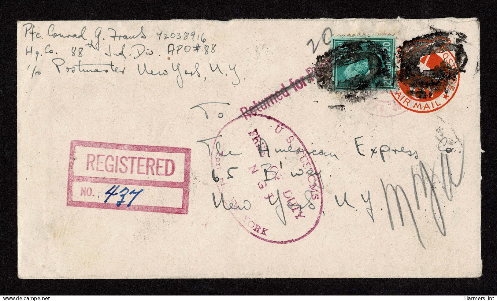 Lot # 190 Registered Airmail: 1938 20c Garfield Bright Blue Green Tied On 6c 1945 Embossed Air Mail Envelope By Smudged  - Covers & Documents