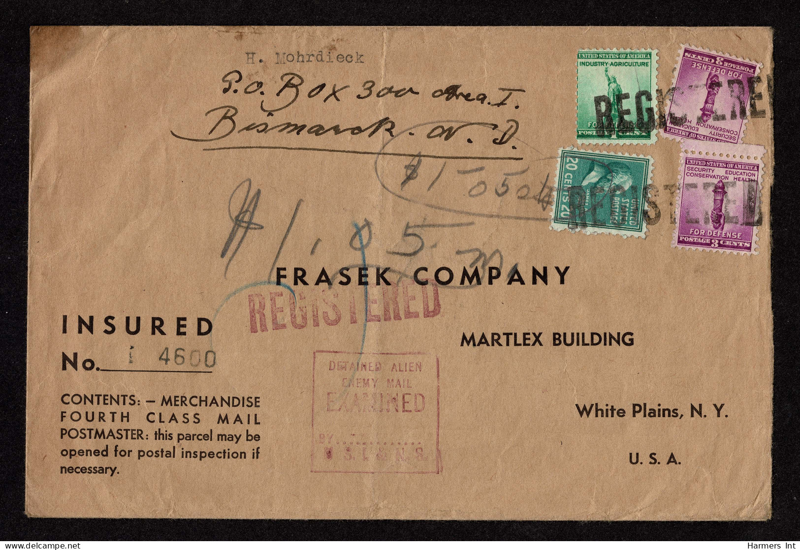 Lot # 191 Military Mail, WWII: 1942 Envelope Bearing 1938 20c Garfield Bright Blue Green, 1c National Defense Commemorat - Briefe U. Dokumente