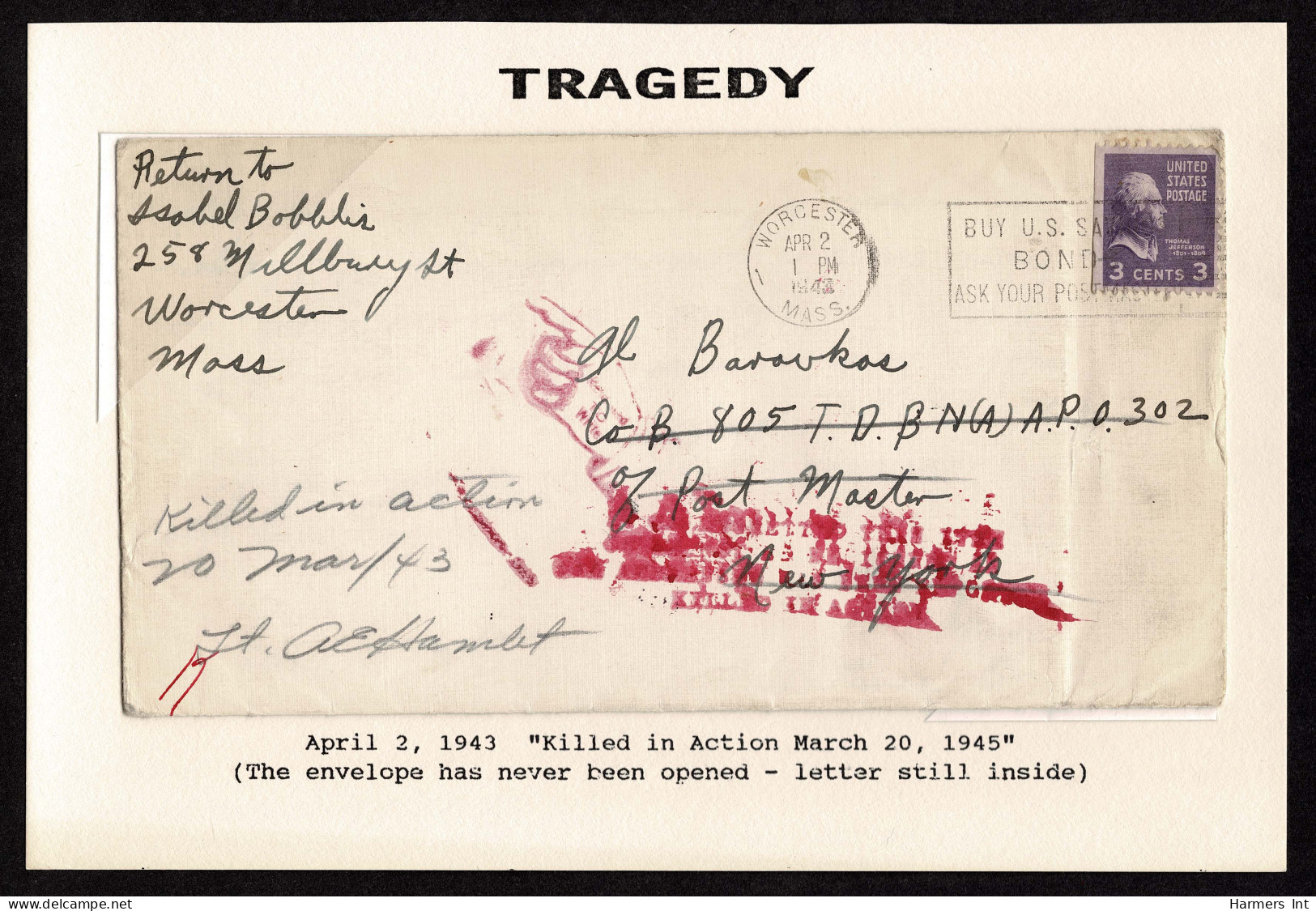 Lot # 193 Military, Killed In Action: 1938 3c Jefferson Light Violet Booklet Single Tied By WORCESTER MASS. APR 2 1943 D - Lettres & Documents