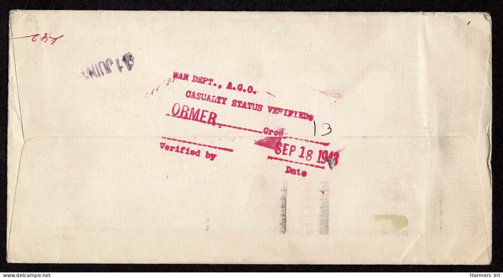 Lot # 193 Military, Killed In Action: 1938 3c Jefferson Light Violet Booklet Single Tied By WORCESTER MASS. APR 2 1943 D - Lettres & Documents