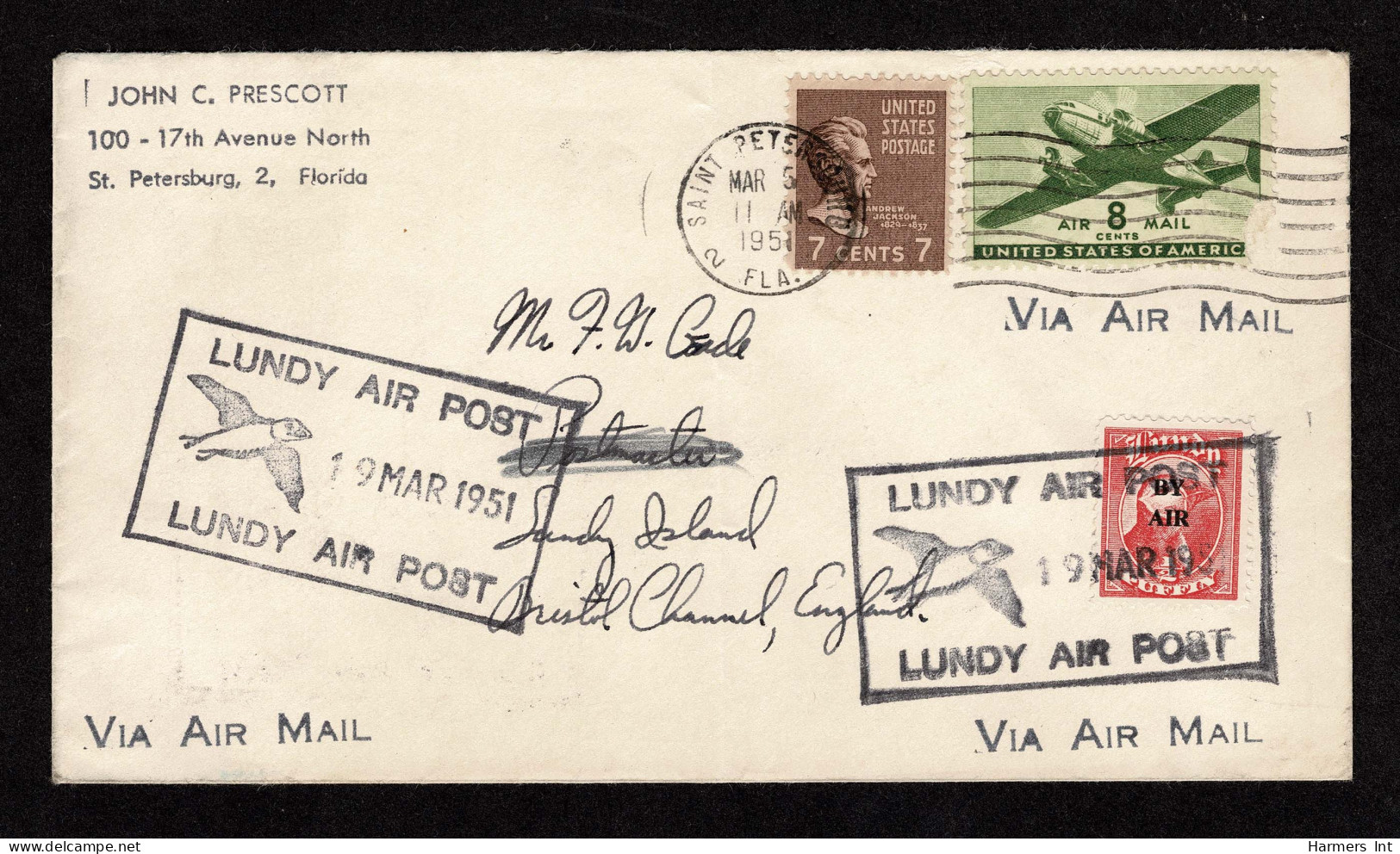 Lot # 195 Used To Lundy Island:1938, 7¢ Jackson Sepia And 8c Olive Green Air Post (small Corner Missing) Tied By SAINT P - Cartas & Documentos