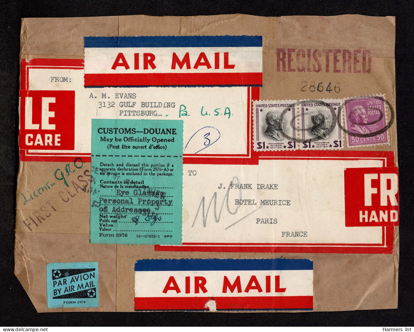 Lot # 197 Used To France: 1928 $1 Wilson Purple And Black, PAIR, 50c Taft Mauve - Briefe U. Dokumente