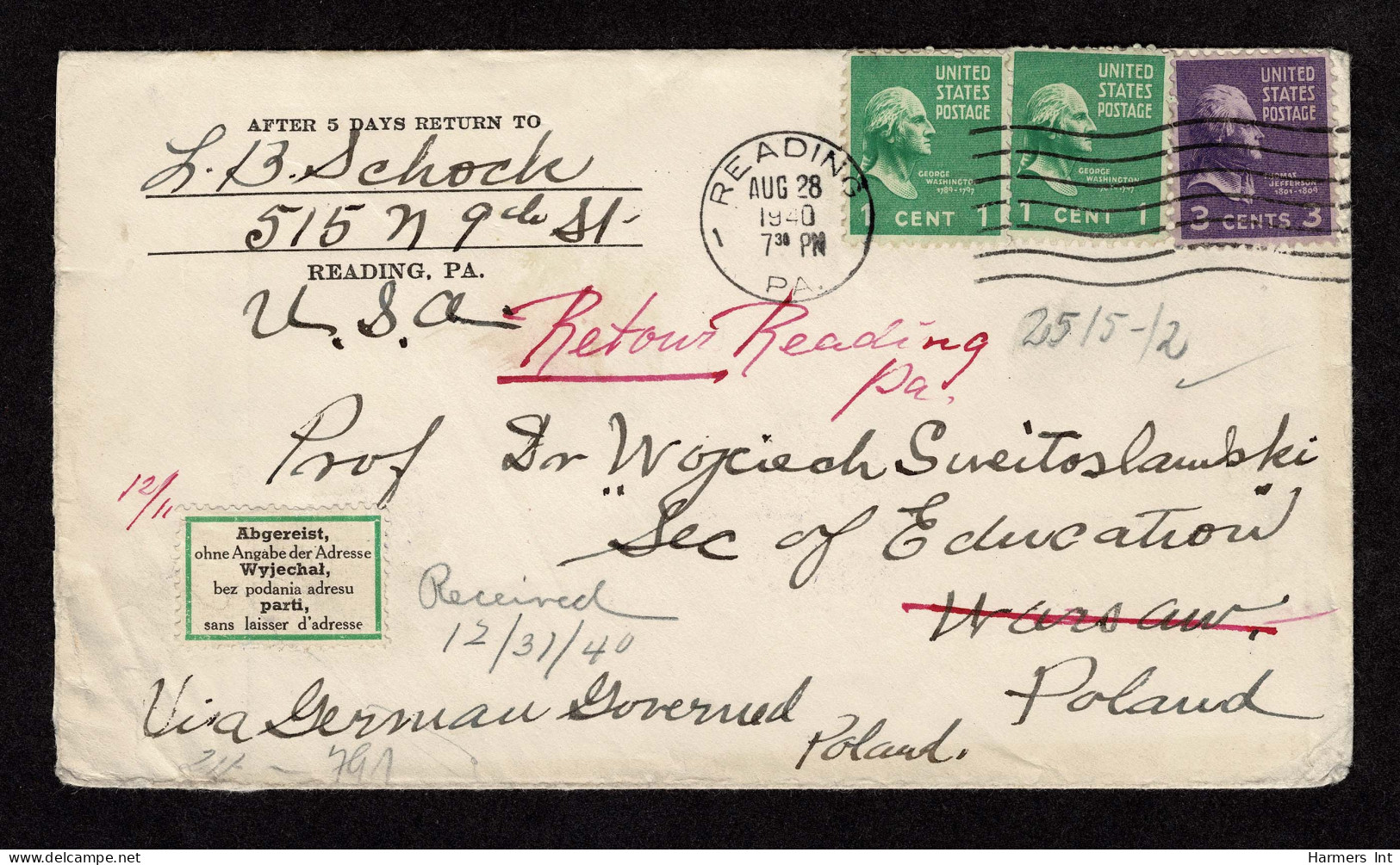 Lot # 202 Used To Poland Via Tran-Siberian Railroad:1940 Letter Bearing 1938 1c Washington Green (2 Copies) And 1938 3c  - Briefe U. Dokumente