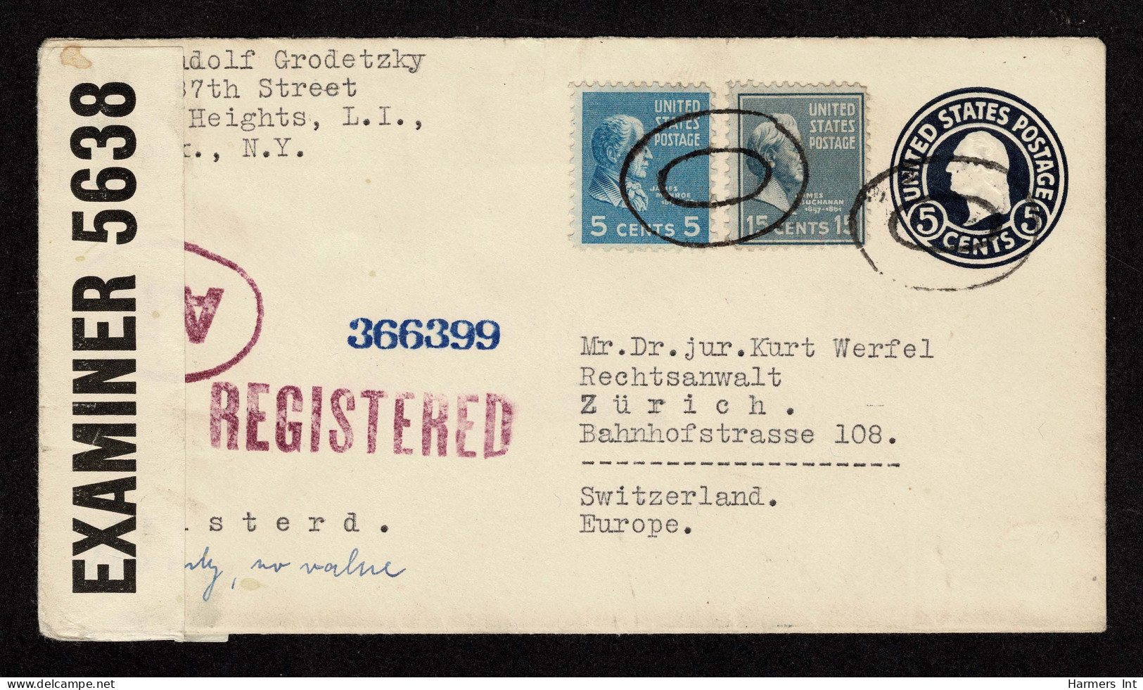 Lot # 203 Used To Switzerland:1938 15¢ Buchanan Blue Grey And 5¢ Monroe Bright Blue One Envelope Using, 5¢ Blue, Die 1 U - Covers & Documents