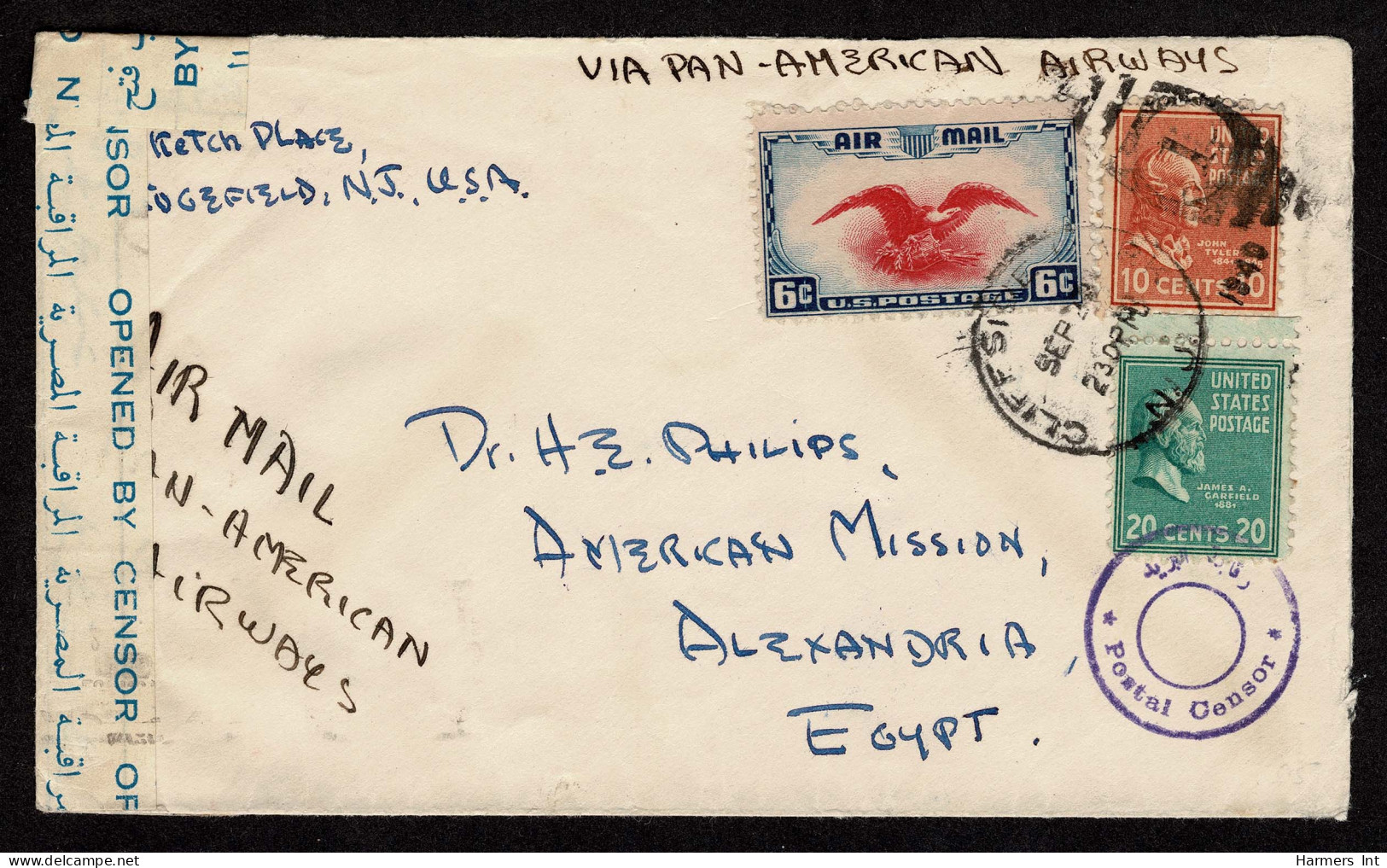 Lot # 205 Used To Egypt: 1940 Envelope Bearing 1938 20c Garfield Bright Blue Green, 10c Tyler Brown Red And 6c Eagle Air - Lettres & Documents