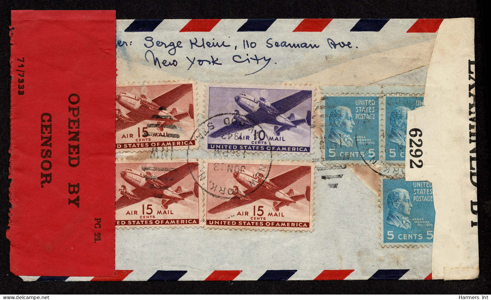 Lot # 207 Used To Mt. Carmel, Haifi, Palestine:1942 Cover Bearing 1938 5c Monroe Bright Blue (Three Copies), 15c Transpo - Covers & Documents