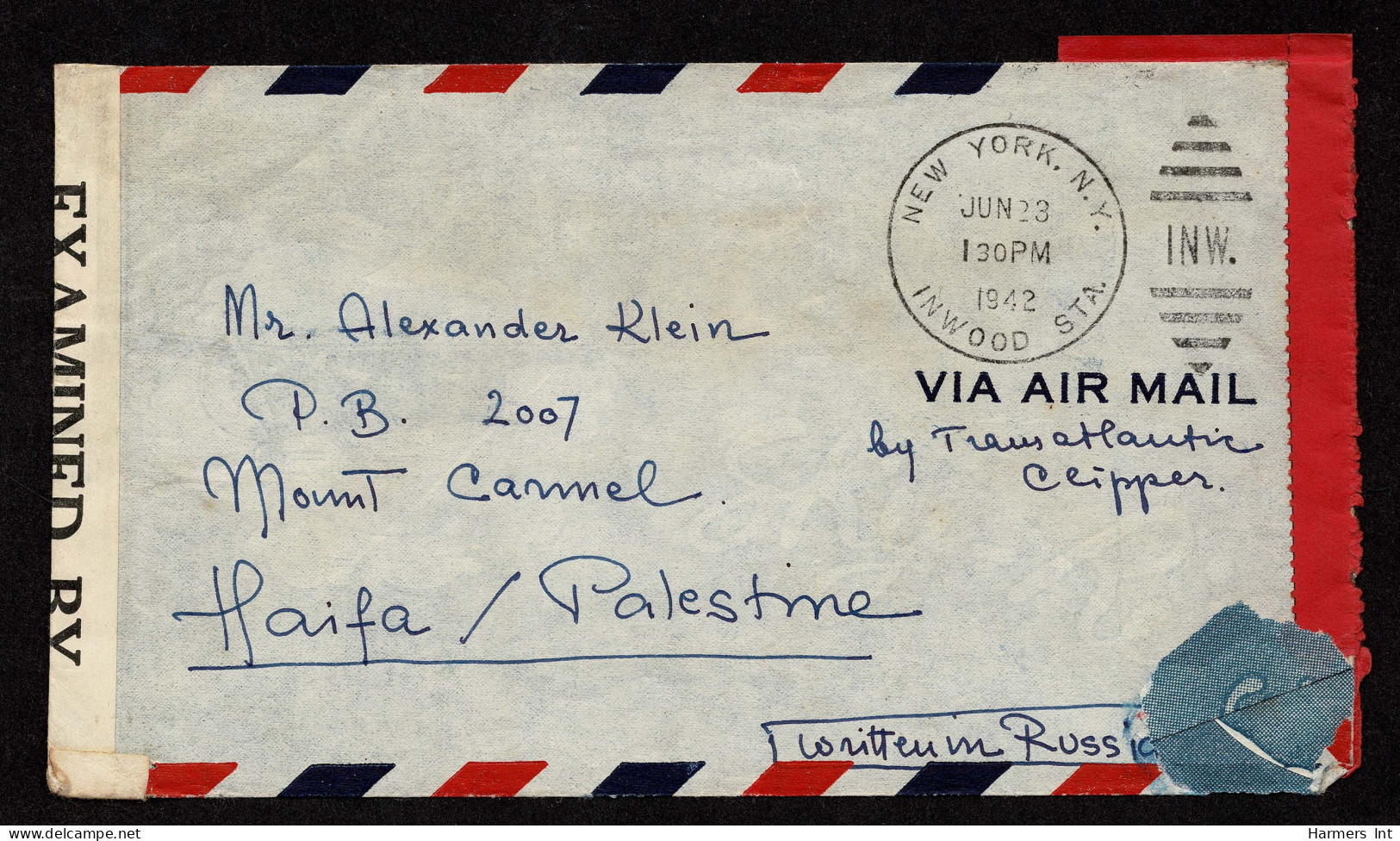 Lot # 207 Used To Mt. Carmel, Haifi, Palestine:1942 Cover Bearing 1938 5c Monroe Bright Blue (Three Copies), 15c Transpo - Cartas & Documentos