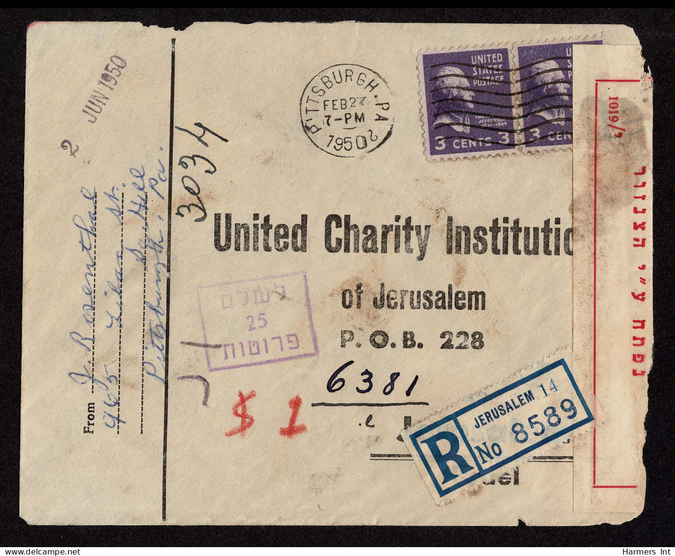 Lot # 210 Used To Israel:1950 Cover Bearing 1938 3c Jefferson Light Violet PAIR - Cartas & Documentos