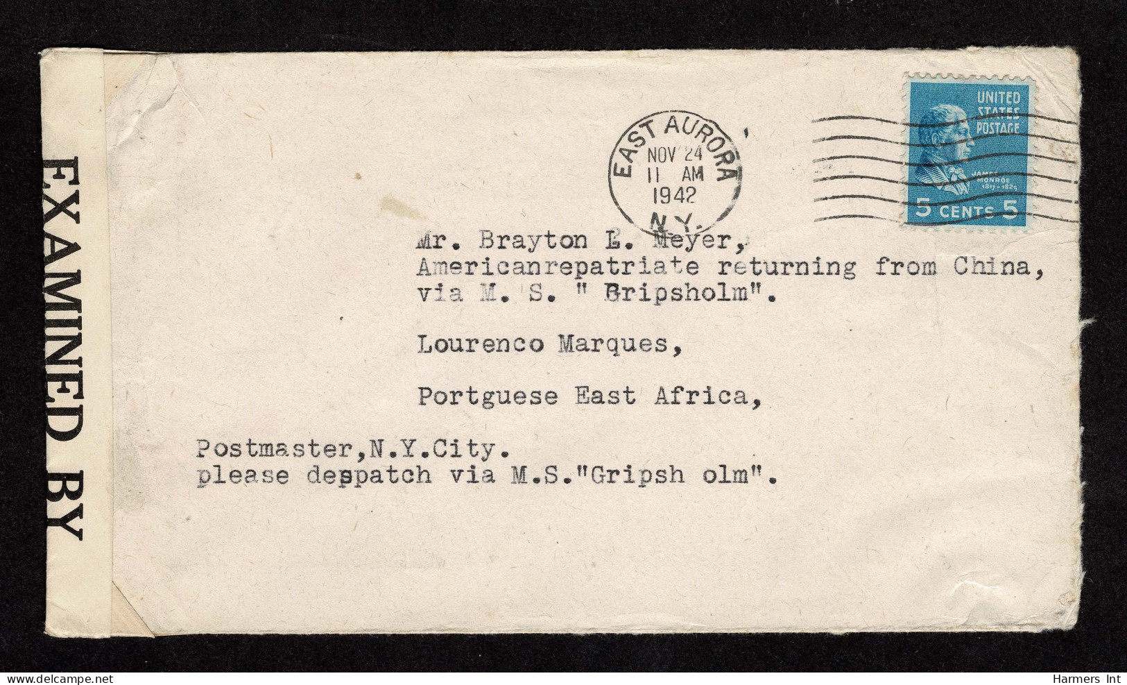 Lot # 213 Used To Lourenco Marques, Portuguese East Africa: 1942 Cover Bearing 1938 5c Monroe Bright Blue - Lettres & Documents