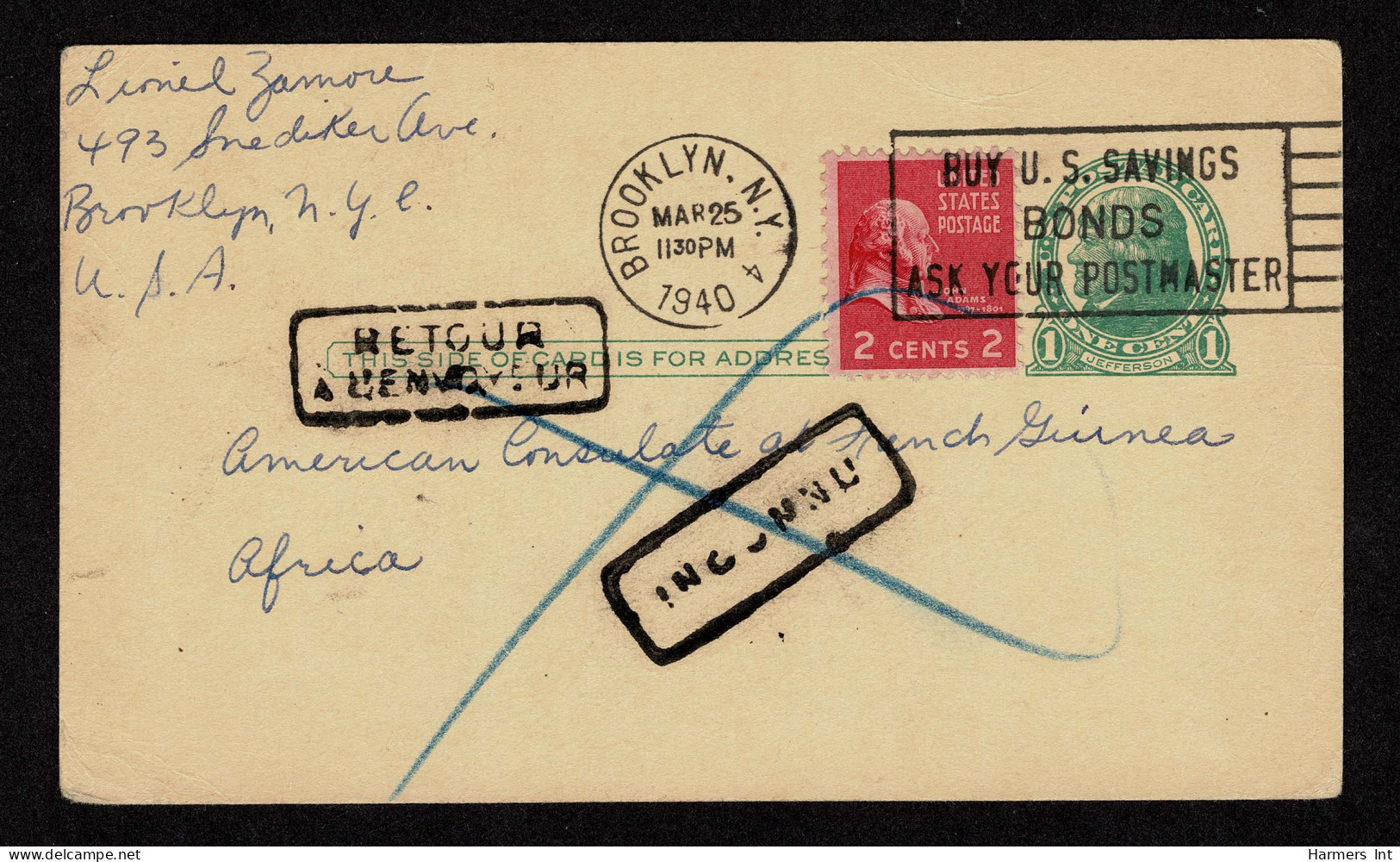 Lot # 214 Used To French Guinea: 1940 Cover Bearing 1932 2c John Adams Rose Carmine - Covers & Documents