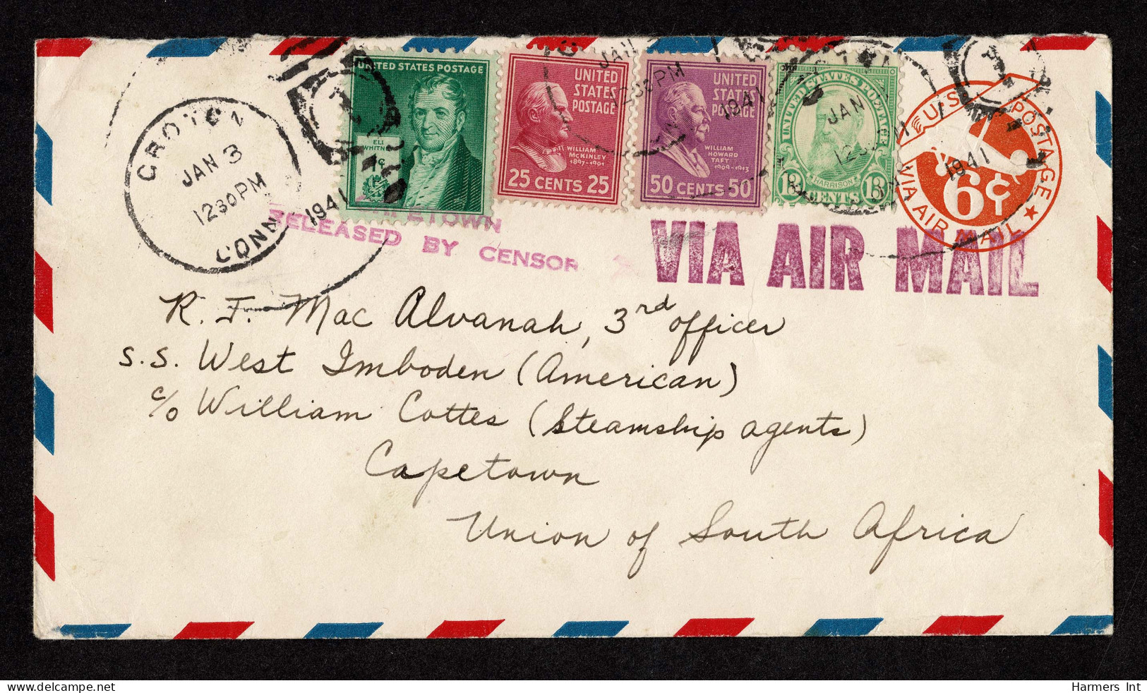 Lot # 215 Used To South Africa: 1941 Cover Bearing 1938 50c Taft Mauve, 25c McKinley Deep Red Lilac, 1940 1c Bright Blue - Cartas & Documentos