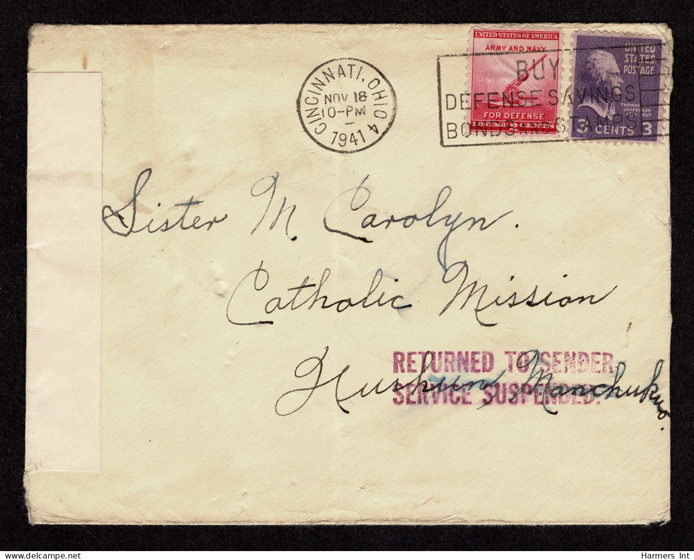 Lot # 217 Used To Manchukuo: 1941 Cover Bearing 3cJefferson Light Purple, 1940 2c Rose Carmine/National Defense Commemor - Briefe U. Dokumente