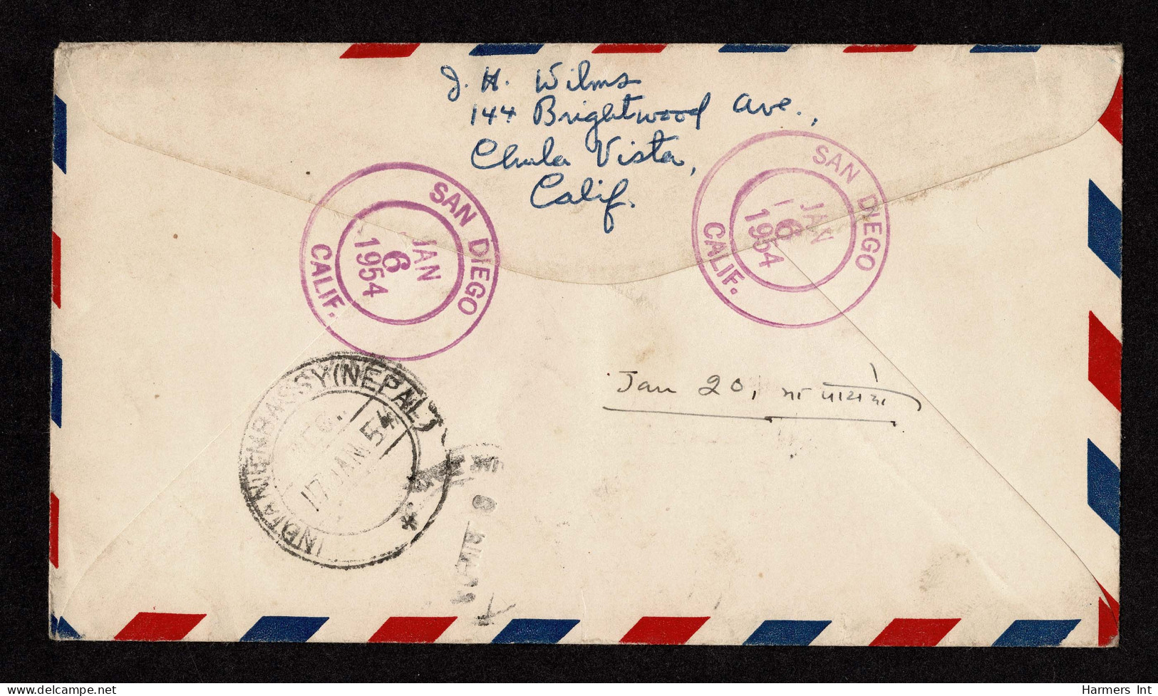 Lot # 218 Used To Nepal: 1954 Envelope Bearing 1938 16c Lincoln Black, 7c Jackson Sepia, 20c Garfield Bright Blue Green, - Cartas & Documentos
