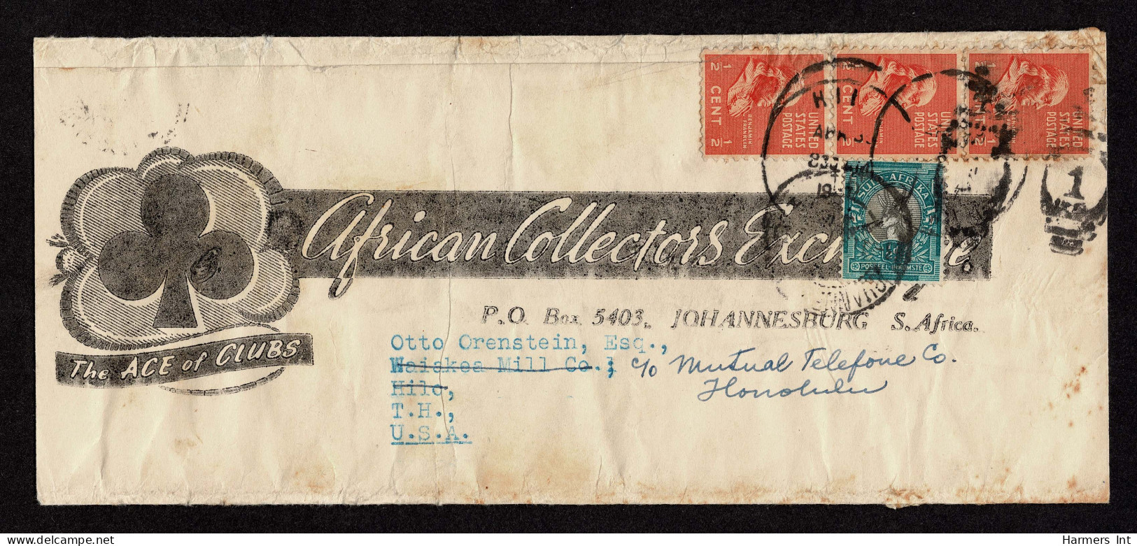 Lot # 222 Used From South Africa: ½ C Franklin Deep Orange Vertical Strip Of Three Tied By HILO Duplex, South Africa ½ P - Lettres & Documents