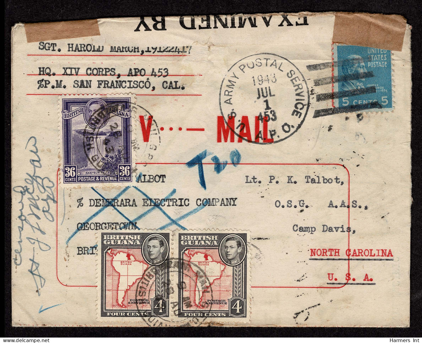 Lot # 223 Used From Guadalcanal: 1938 5c Bright Blue Tied By U. S. ARMY POSTAL SERVICE JUL 1 1943 APO 453 Duplex On V-Ma - Covers & Documents