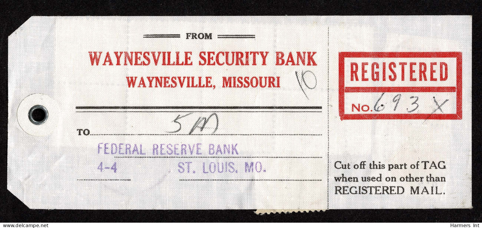 Lot # 230 Mail Tags: Group Of THREE From WAYNESVILLE SECURITY BANK, WAYNESVILLE, MISSOURI To The FERERAL RESERVE BANK, S - Lettres & Documents