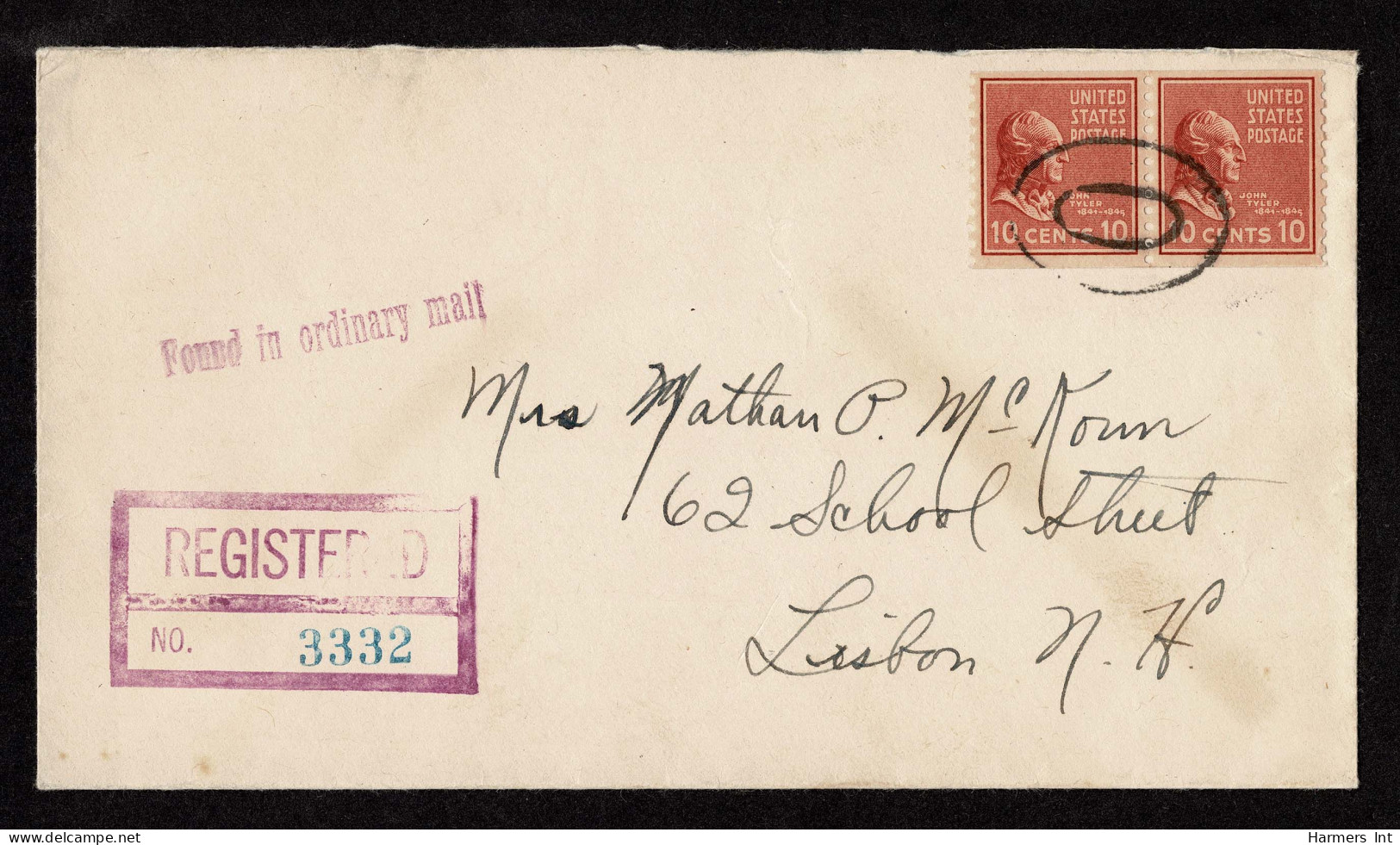 Lot # 235 Coil: 10c Brown Red Tyler, Horizontal Coil Pair Tied By Mute Oval On 1942 Envelope - Cartas & Documentos