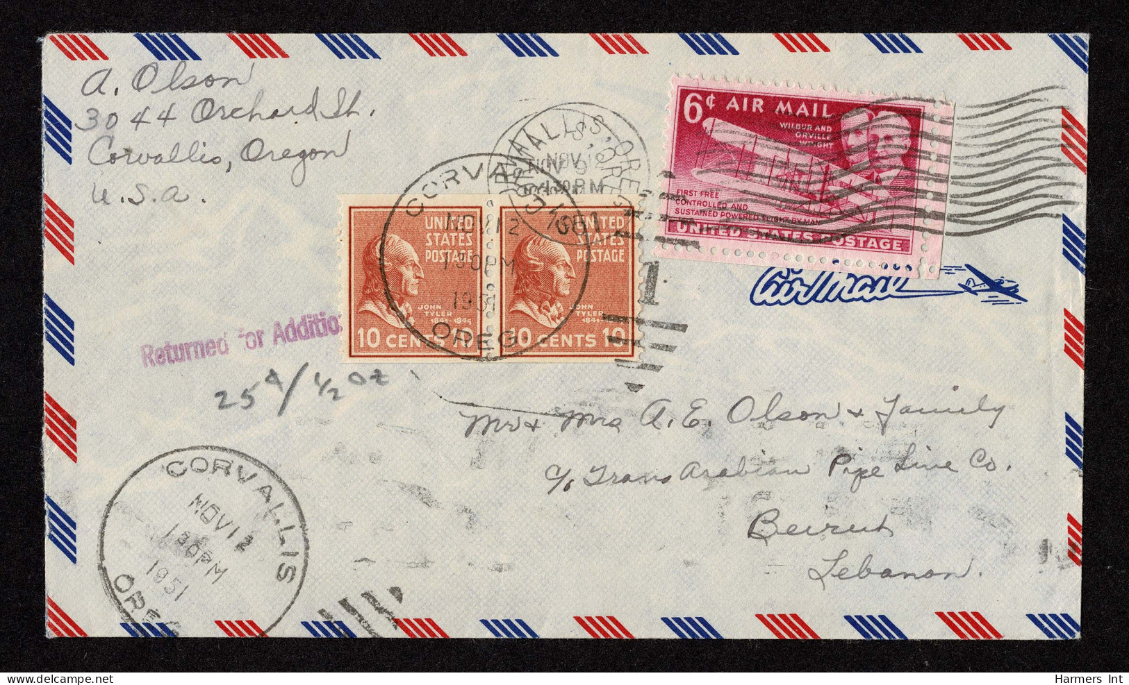 Lot # 236 Coil:1951 Envelope Bearing 1939, 10¢ Tyler, Horizontal Coil Pair And 1949, 6¢ Wright Brothers Magenta Airmail - Covers & Documents