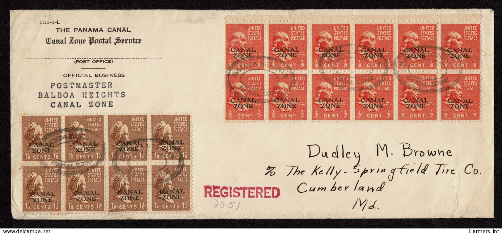 Lot # 239 Canal Zone:1940 Envelope Bearing 1939 ½ C Franklin Red Orange Block Of TWELVE Overprinted CANAL ZONE, 1 ½ CMar - Covers & Documents