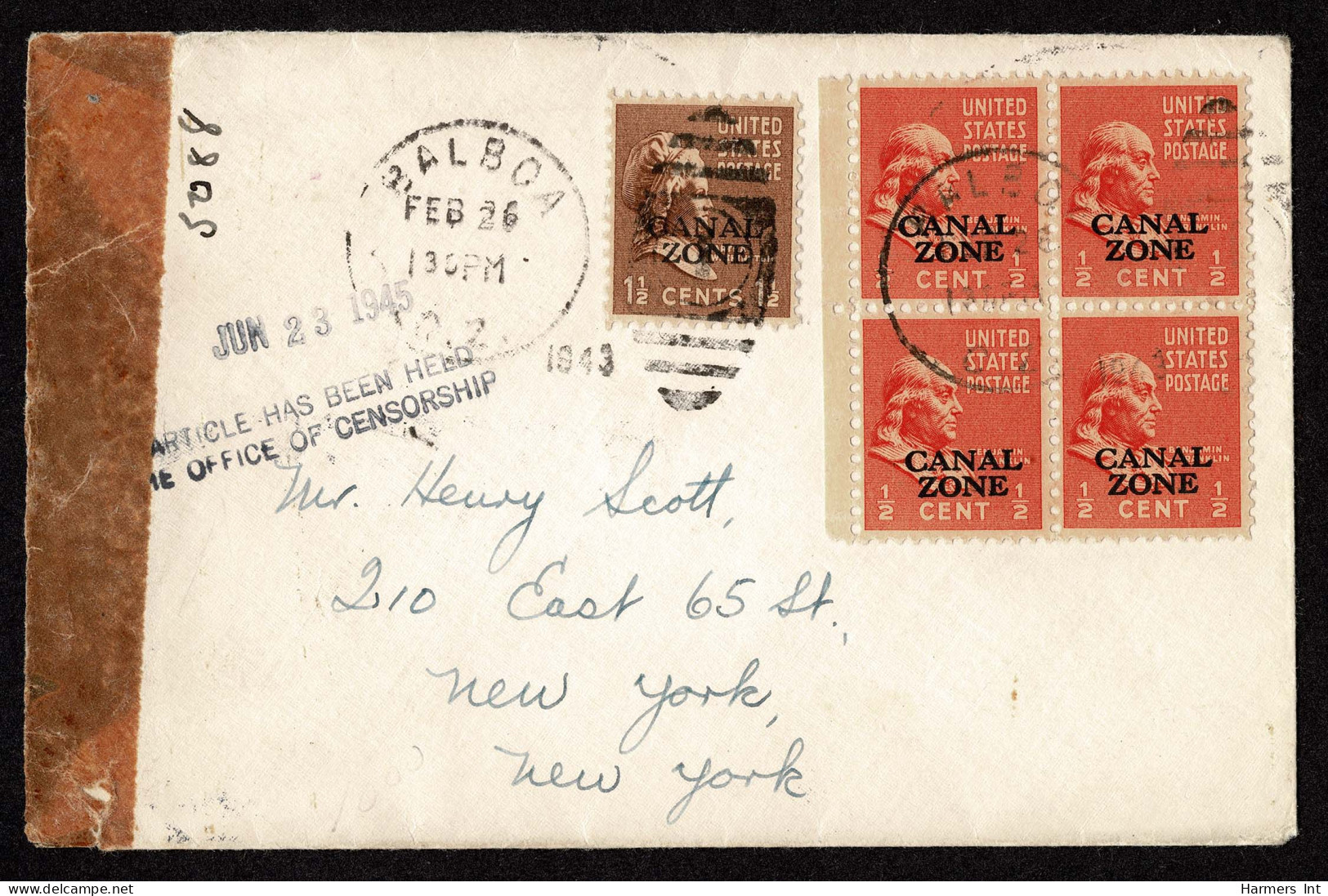 Lot # 240 Canal Zone: 1945 Cover Bearing 1939, ½¢ Franklin Red Orange Block Of Four Overprinted CANAL ZONE, 1 ½ Martha W - Briefe U. Dokumente