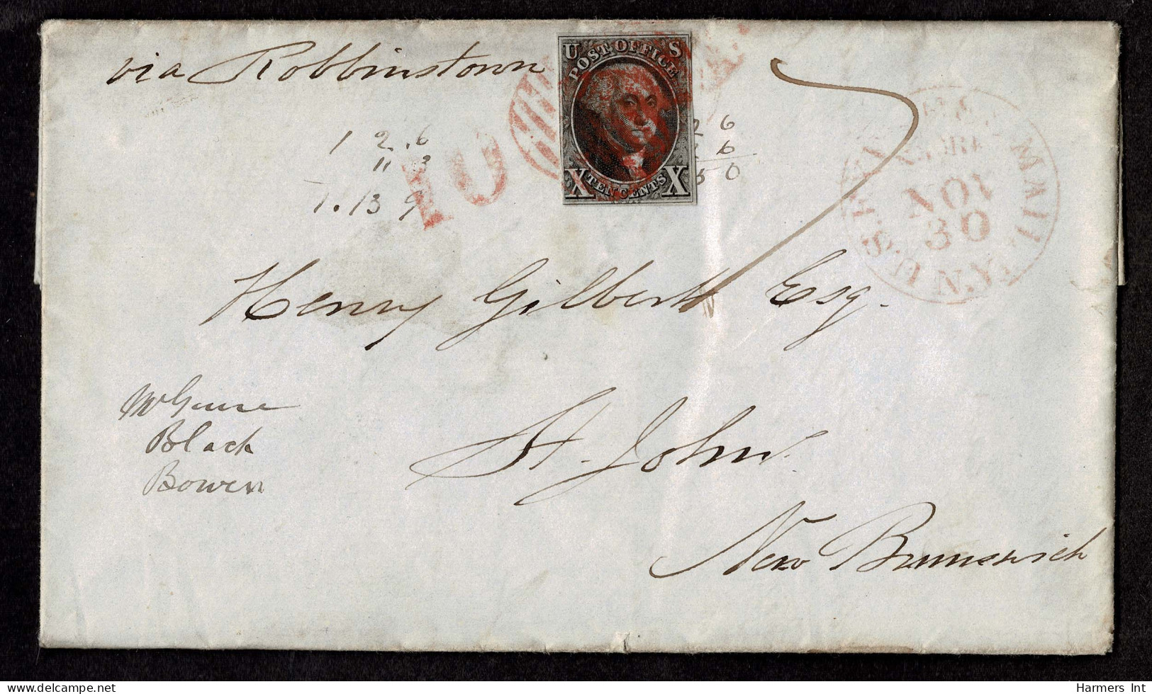 Lot # 280 1847, 10¢ Black Almost Four Marginal Genuine Stamp "tied" By Red Grid - Autres & Non Classés