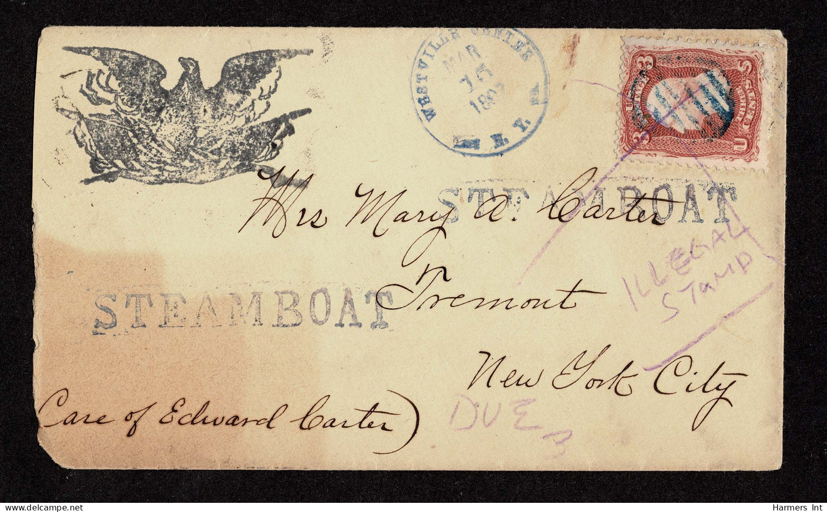 Lot # 285 Patriotic Eagle "STEAMBOAT" Manuscript "ILLEGAL STAMP" 1861, 3¢ Rose On Envelope - Autres & Non Classés