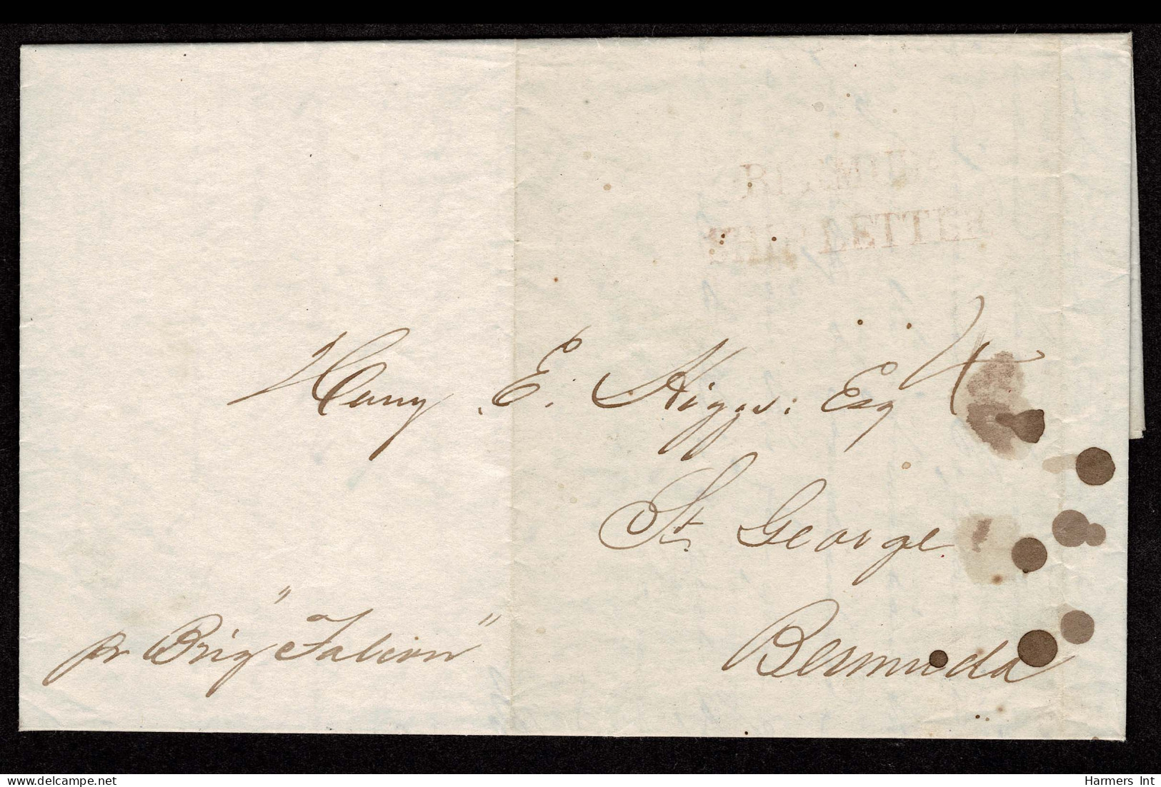 Lot # 406 Bermuda Stampless: New York To Bermuda: 29 February 1845 BERMUDA/ SHIP LETTER S1 Type I In Red Light Impressio - 1859-1963 Colonie Britannique