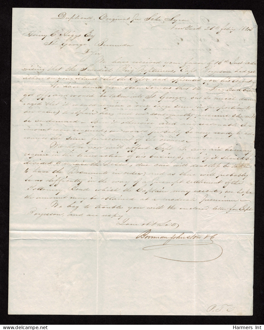 Lot # 406 Bermuda Stampless: New York To Bermuda: 29 February 1845 BERMUDA/ SHIP LETTER S1 Type I In Red Light Impressio - 1859-1963 Colonia Británica