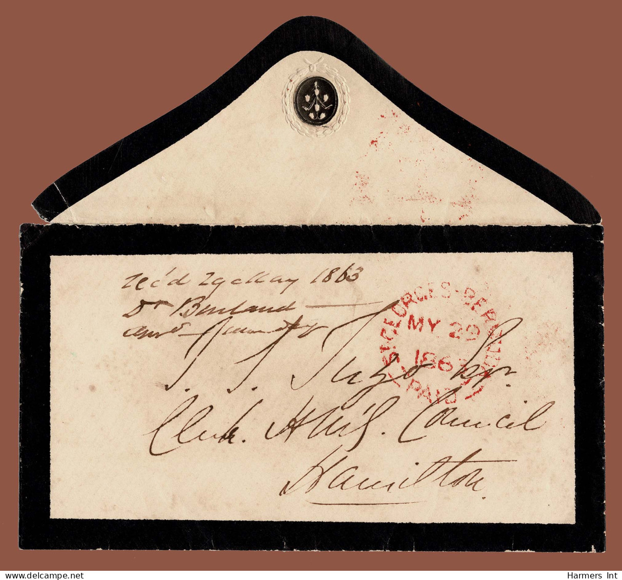 Lot # 410 Bermuda Stampless: Mourning Envelope (very Attractive) Bearing Red P3 ST GEORGES MY 29 1863 PAID C.d.s. - 1859-1963 Crown Colony