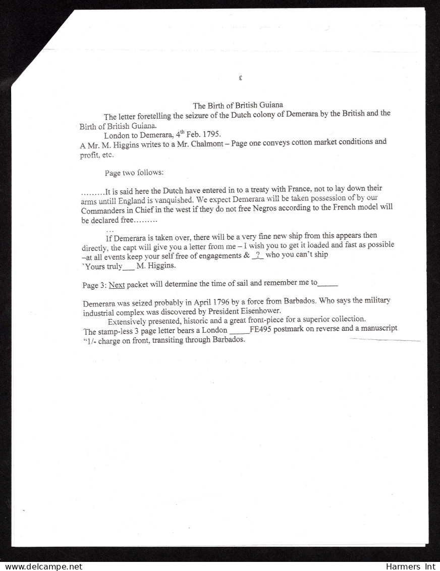 Lot # 416 THE BIRTH OF BRITISH GUIANA: THE Folded Letter Foretelling The Seizure Of The Dutch Colony Of Demerara By The  - Guayana Británica (...-1966)