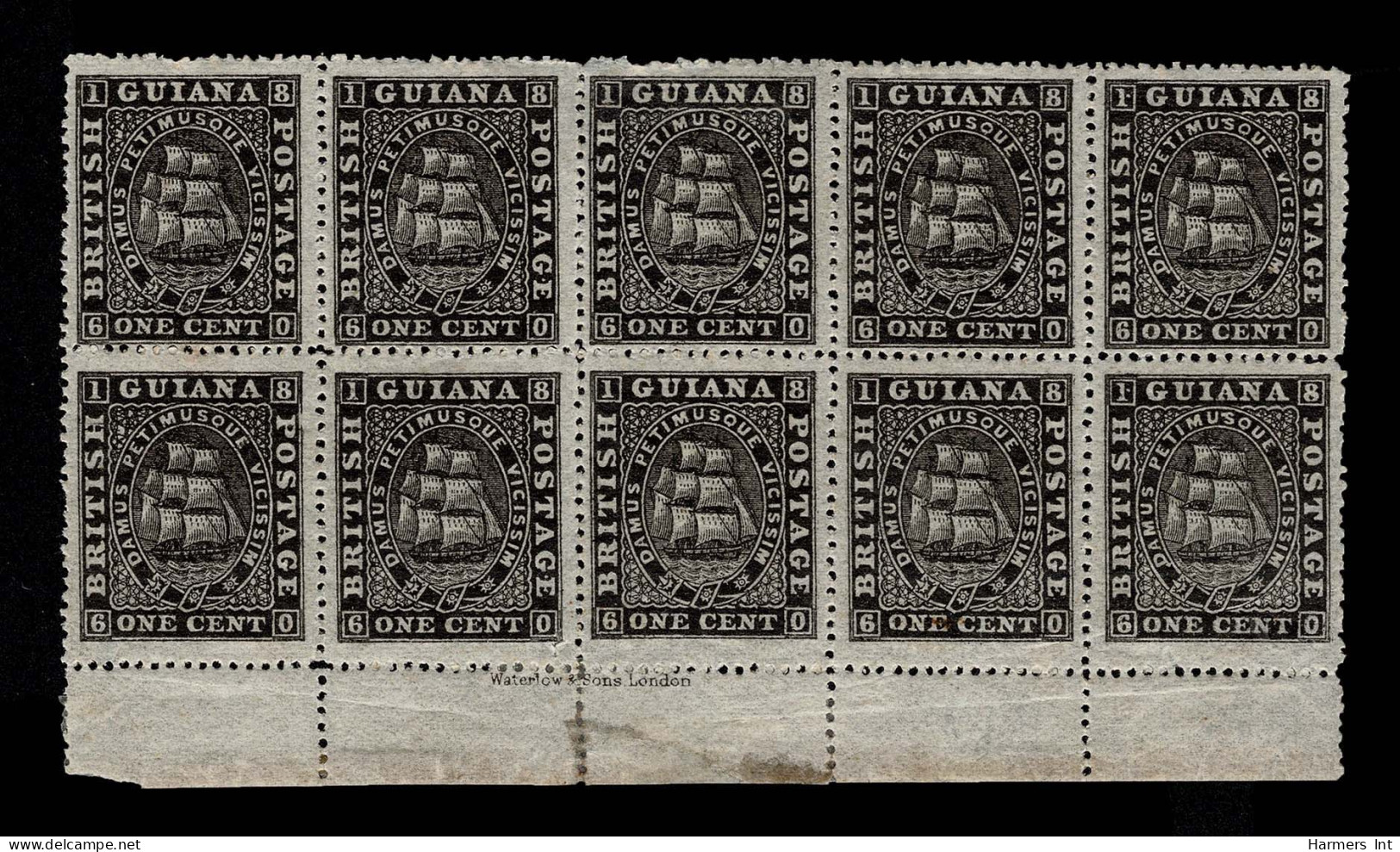 Lot # 419 1863-76, Ship Seal Of The Colony, 1¢ Black, Perf 15 Waterlow Imprint Sheet Margin Block Of Ten - Britisch-Guayana (...-1966)