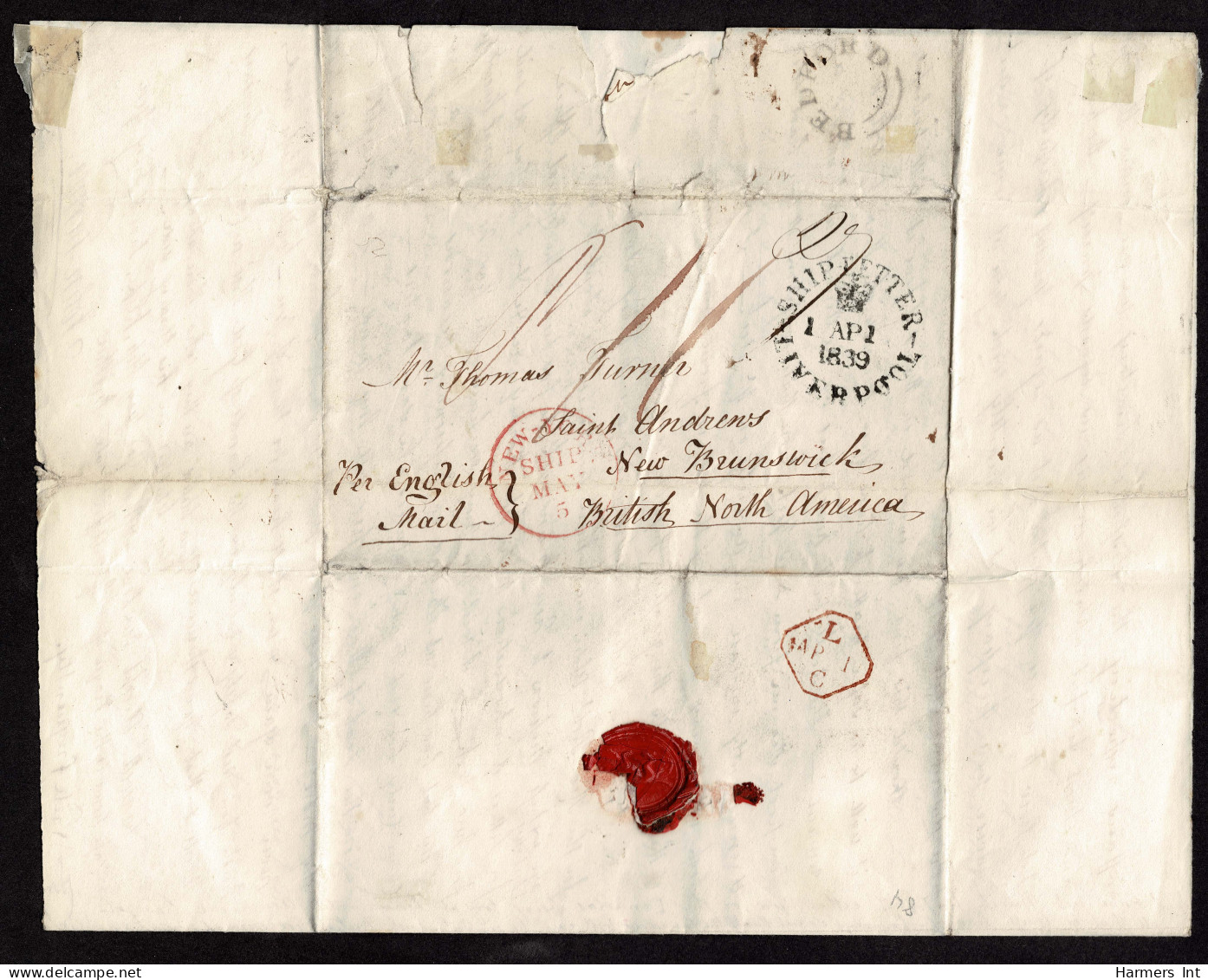 Lot # 420 Canada: New Brunswick; Great Britain To New Brunswick Turner Correspondence, 1839 Folded Trans-Atlantic Letter - Covers & Documents