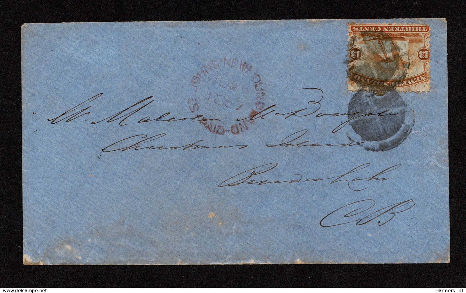 Lot # 421 Newfoundland Used To Christmas Island, C.B. 1865, 13¢ Orange On Yellowish Fine, Tied By 2 Cork Cancels On Blue - Briefe U. Dokumente