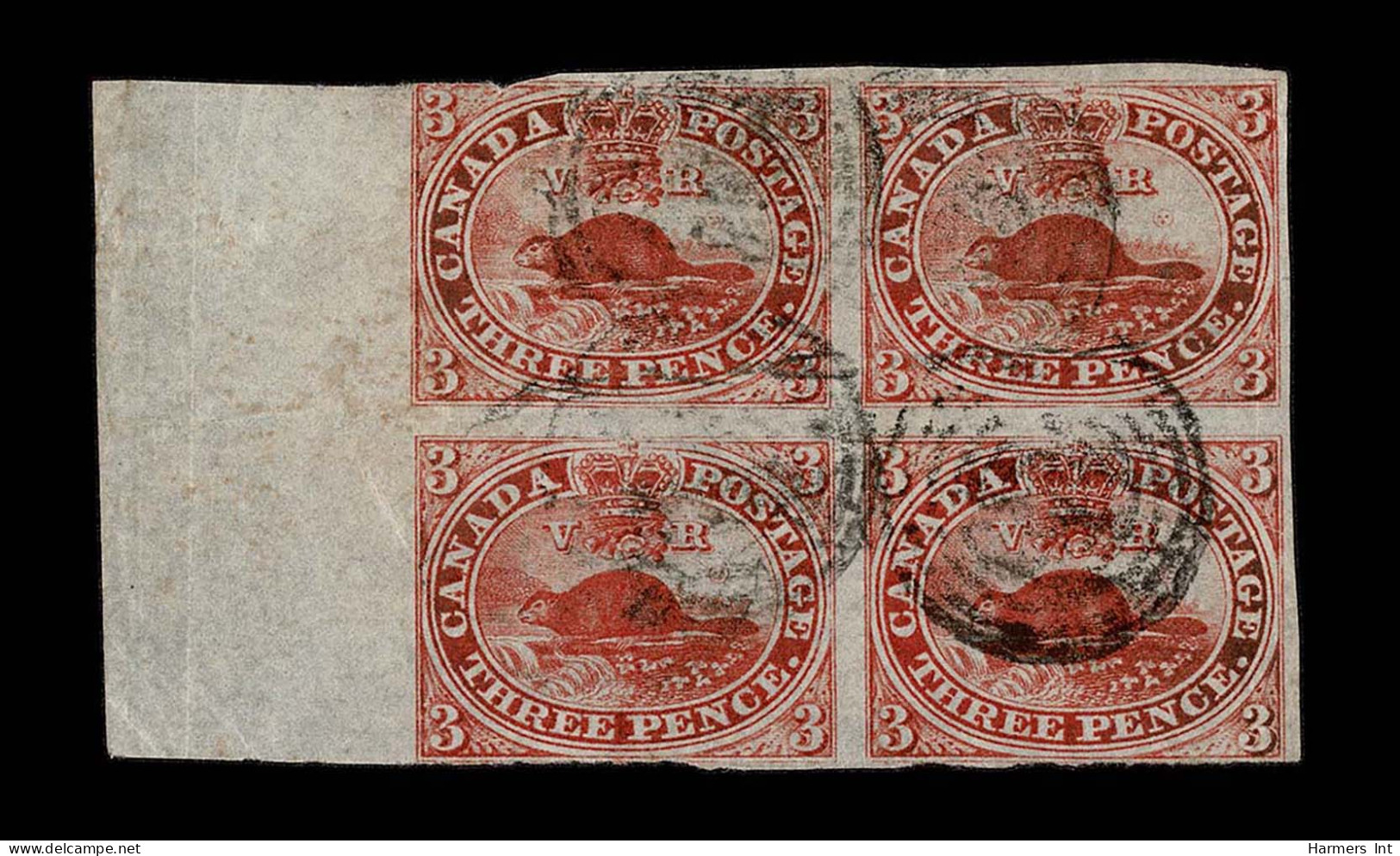 Lot # 453 1852, Beaver, 3d Red Left Sheet Margin Block Of Four Plate B Pos. B41,42, 51,52 - Usados