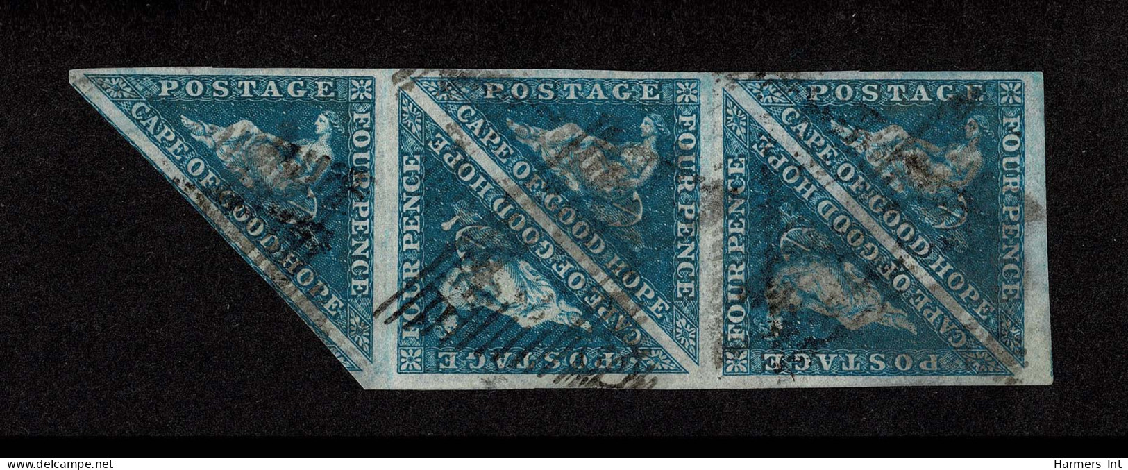 Lot # 482 1853 “Triangular”, Perkins Bacon Printing, 4d Deep Blue On Deeply Blued Paper, A Vertical BLOCK OF FIVE, Pos X - Cape Of Good Hope (1853-1904)