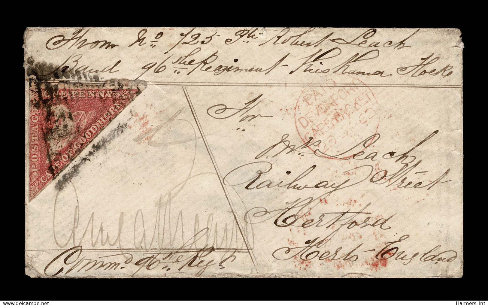 Lot # 495 Used To England:1855-63 1d Deep Rose Red Large Margins To Just In, Tied By Light Triangular Cancel On 1863 (12 - Cape Of Good Hope (1853-1904)