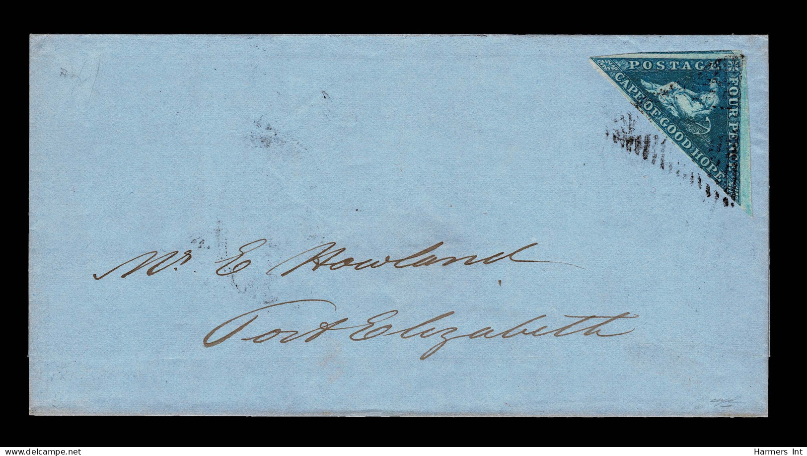 Lot # 501 Used To Port Elizabeth: 1855-63 “Triangular”, Perkins Bacon Printing, 4d Blue On White Paper Small To Large Ma - Kap Der Guten Hoffnung (1853-1904)