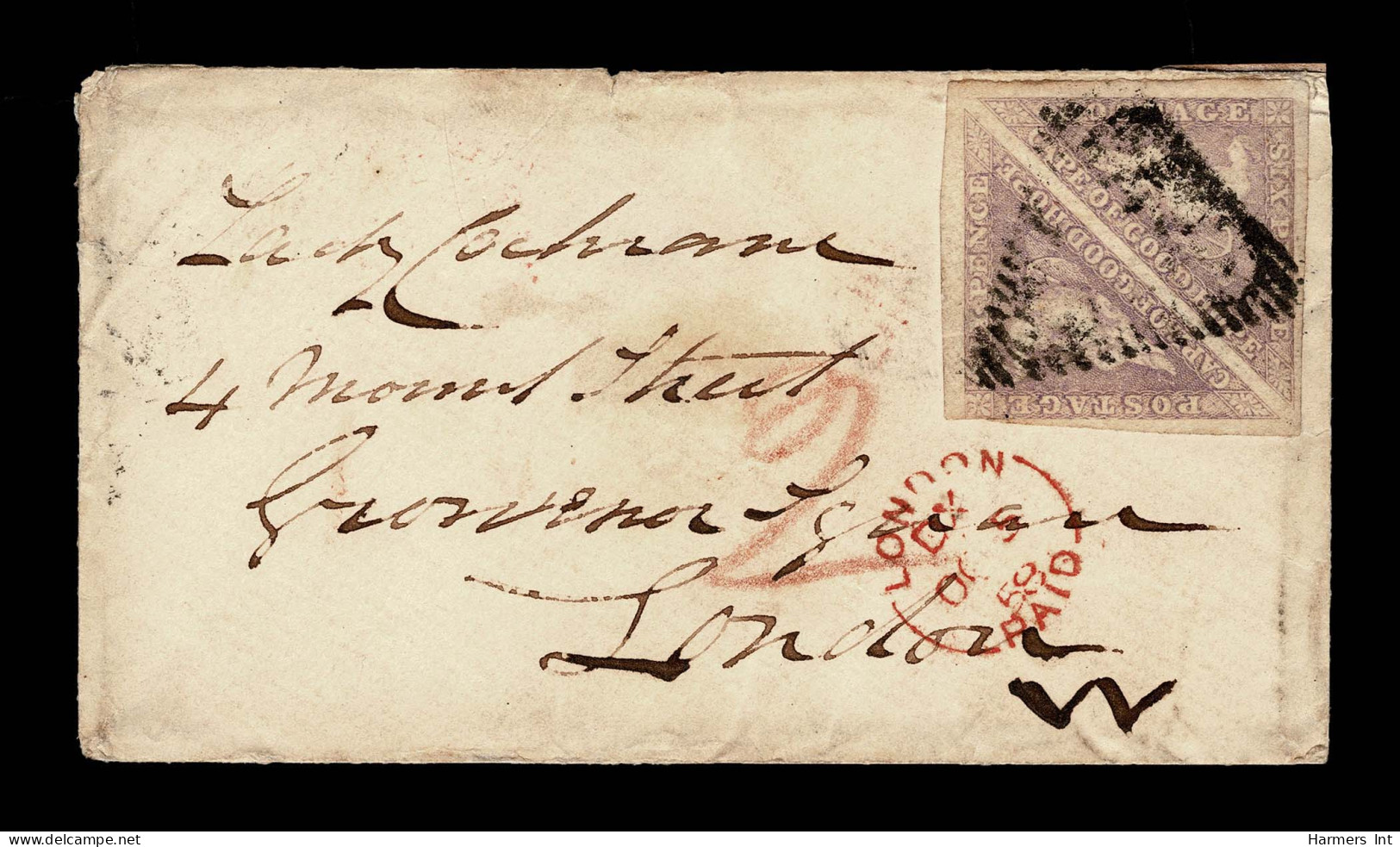 Lot # 504 Used To London: 1855-63 “Triangular”, Perkins Bacon Printing, 6d Pale Rose Lilac On White Paper PAIR, Large To - Cap De Bonne Espérance (1853-1904)