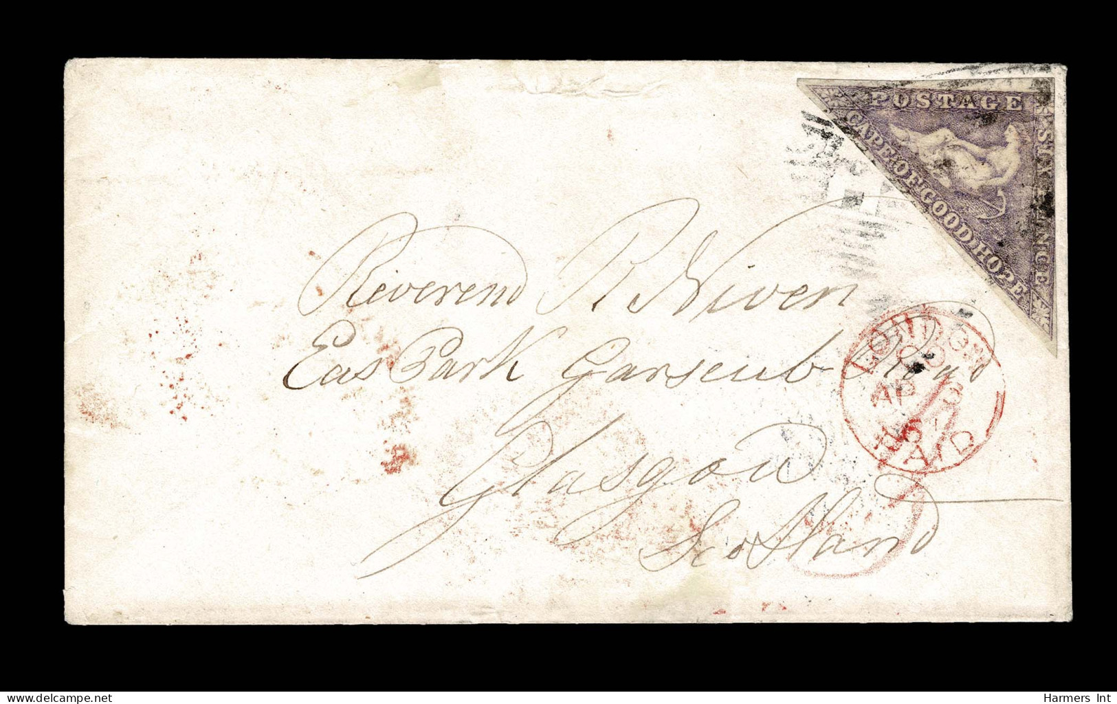 Lot # 507 Used To Scotland: 1858 “Triangular”, Perkins Bacon Printing, 6d Deep Rose Lilac On White Paper - Cape Of Good Hope (1853-1904)