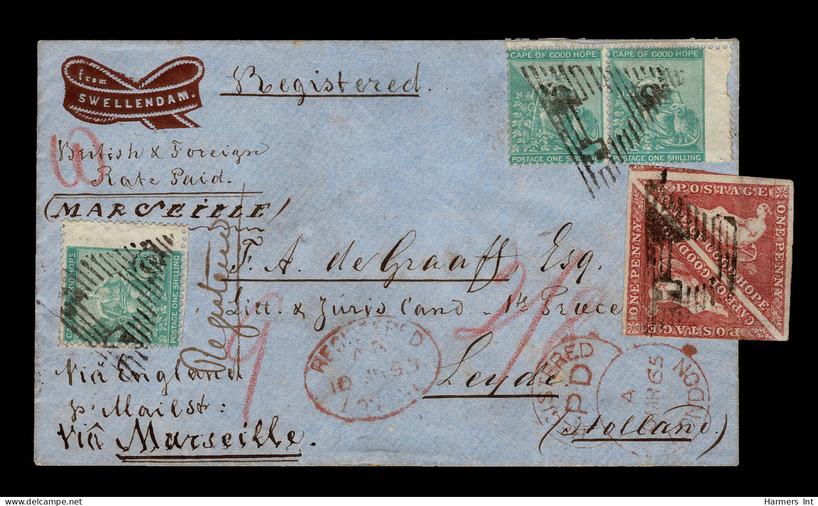 Lot # 522 Used To Holland: 1855-63 1d Deep Rose Red On Cream-toned Paper PAIR (partially Affixed Over Right Edge) Good M - Cap De Bonne Espérance (1853-1904)