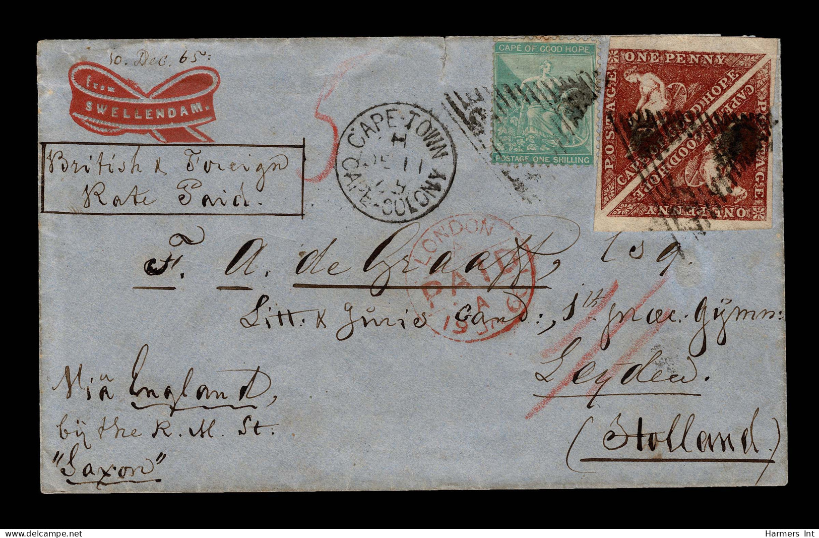 Lot # 523 Used To Holland:1863-64 “Triangular”, De La Rue Printing, 1d Brownish Red PAIR, Enormous Margins To Just In, T - Kap Der Guten Hoffnung (1853-1904)