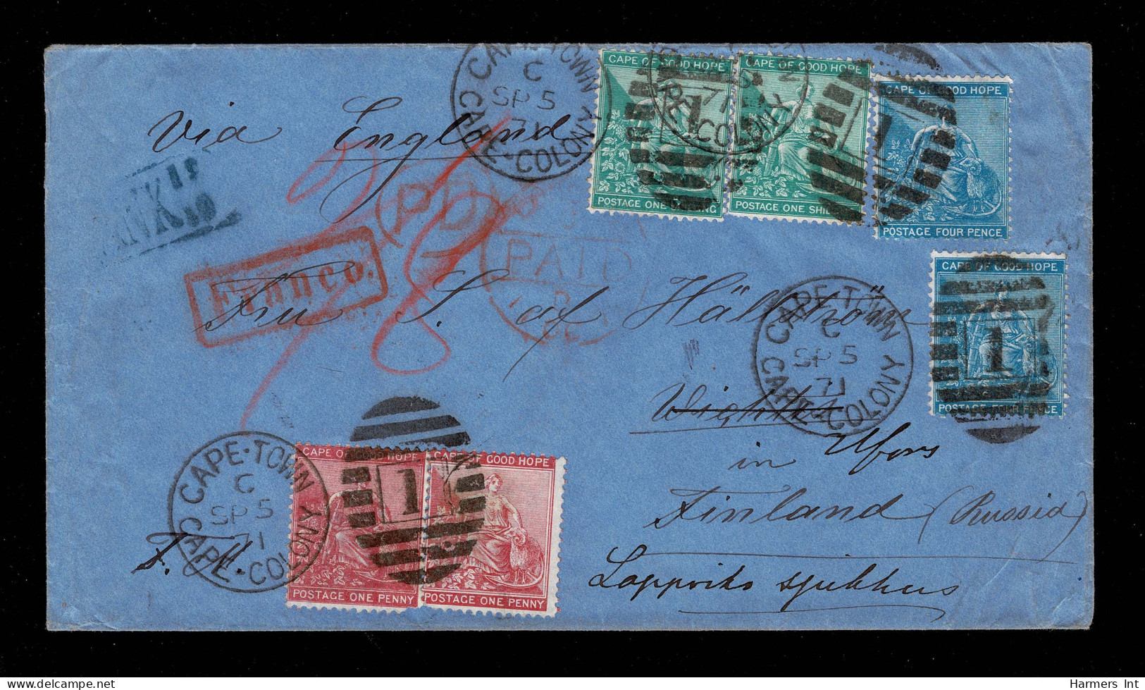 Lot # 525 Used To Finland: 1861-77, “Hope Seated” 1d Carmine Red (2 Copies) Perforation Faults At Bottom, 4d Blue (2 Cop - Cape Of Good Hope (1853-1904)