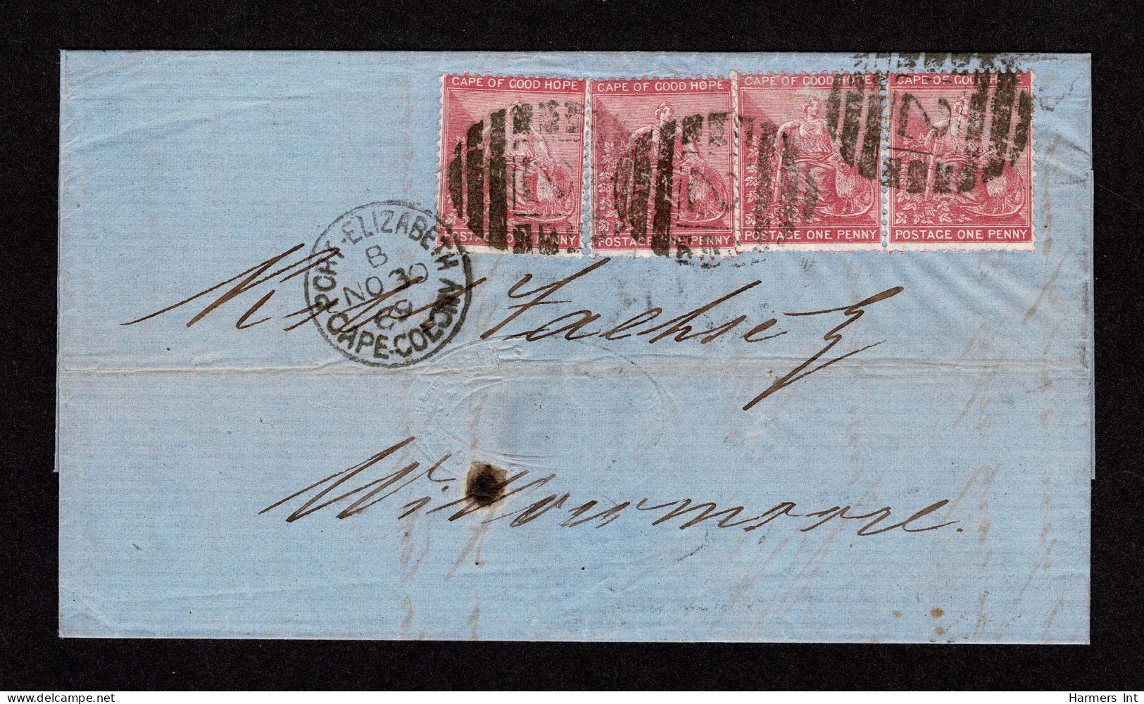 Lot # 526 Barred Oval Numeral Canceller (BONC): 1869 (30 Nov) Single Rate Folded Letter From Port Elizabeth To Willowmor - Cabo De Buena Esperanza (1853-1904)